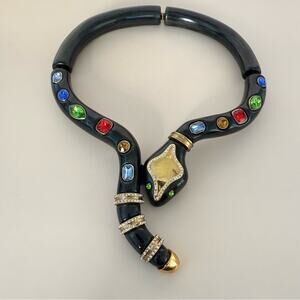 Kara Ross black enamel and rhinestone snake hinged cuff necklace Retail 650$